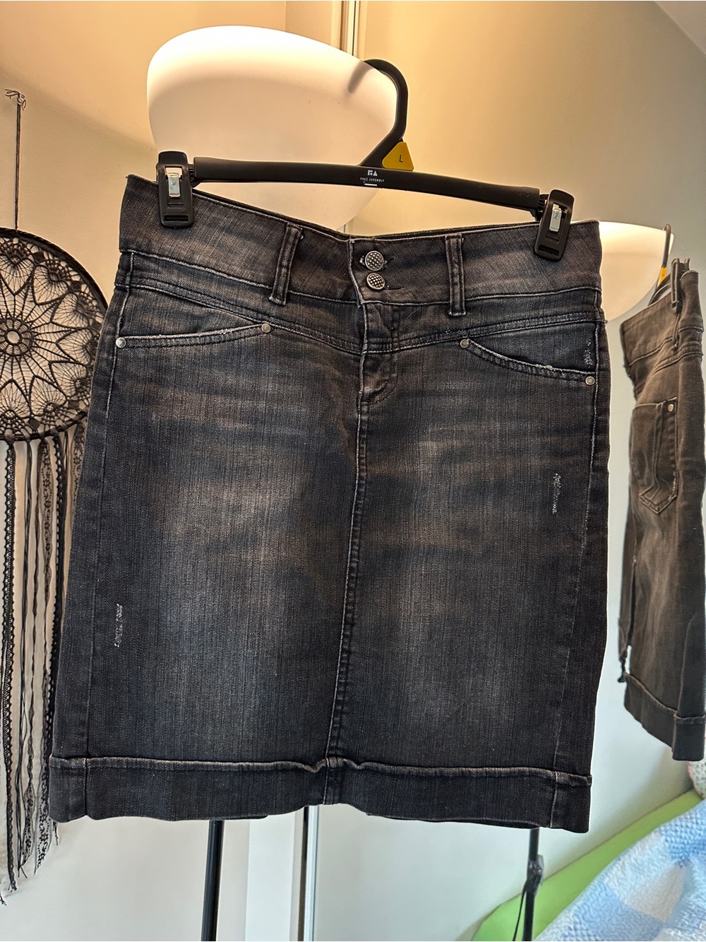 Washed Black Denim Mini Skirt - Double Button Front